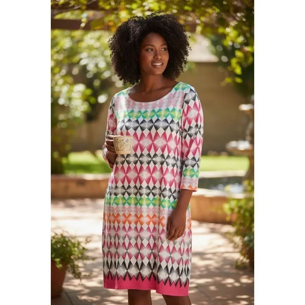 Eliza J Multicolor Geometric Print 3/4 Sleeve Sheath Knee Length Dress 20W